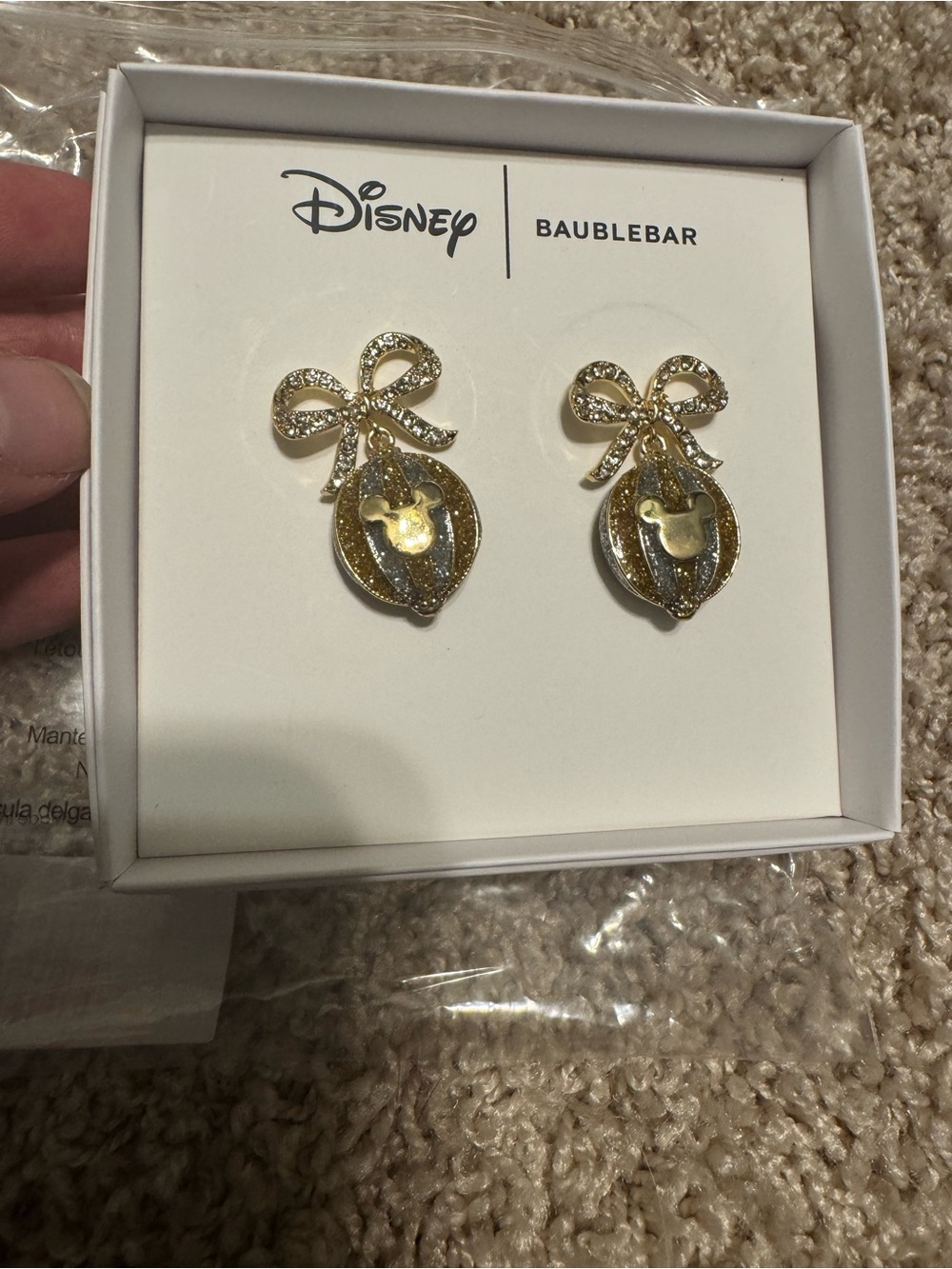 Disney BaubleBar Gold-Silver Crystal Christmas Ornament Bow Mickey Drop Earrings